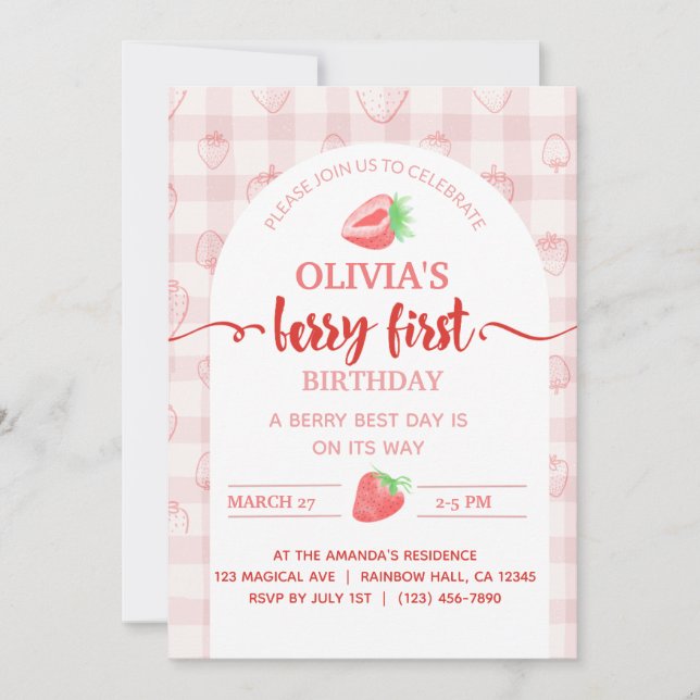 Convites Minha primeira fruta de morango de aniversário de  (Frente)