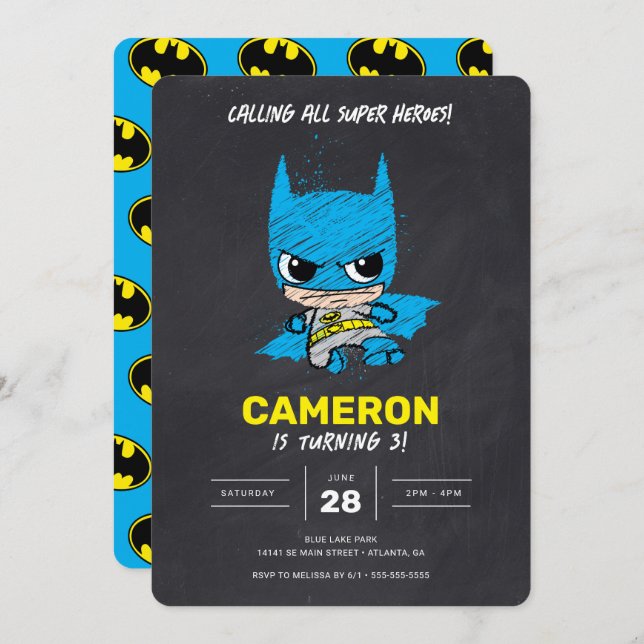 Convites Mini Aniversário Clássico do Chalkboard Batman (Frente/Verso)