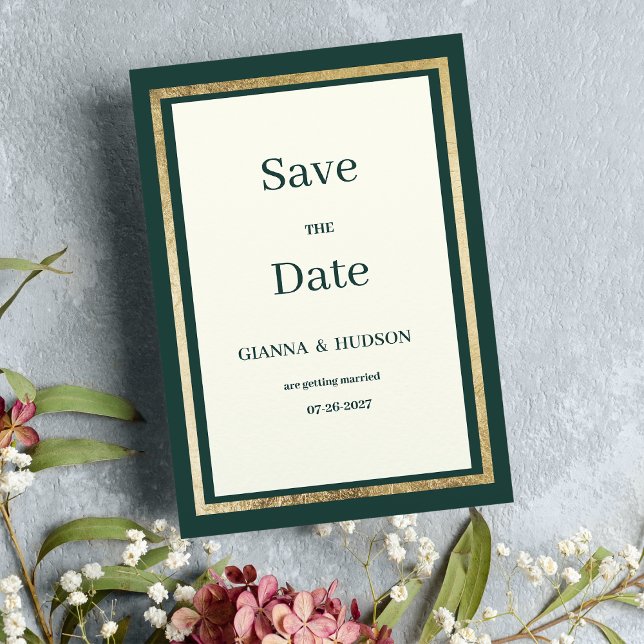 Convites Mínima floresta de ouro marfim verde Salve a data (Minimalist ivory gold forest green Save the Date)