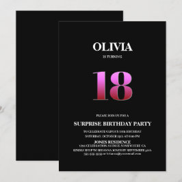 Convites Mínima surpresa negra e rosa 18º aniversário