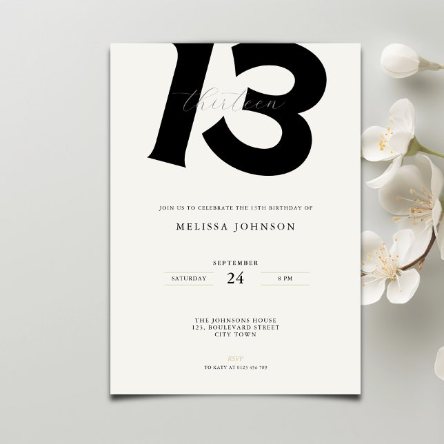 Convites Minimal 13th Birthday Invitation: Bold Typography (Criador carregado)