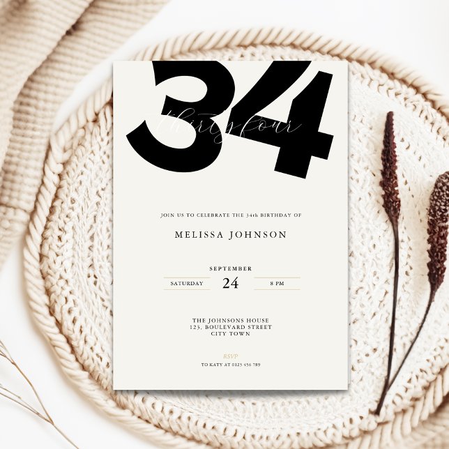 Convites Minimal 34th Birthday Invitation - Bold Typo (Minimal 34th birthday invitation with bold typography)