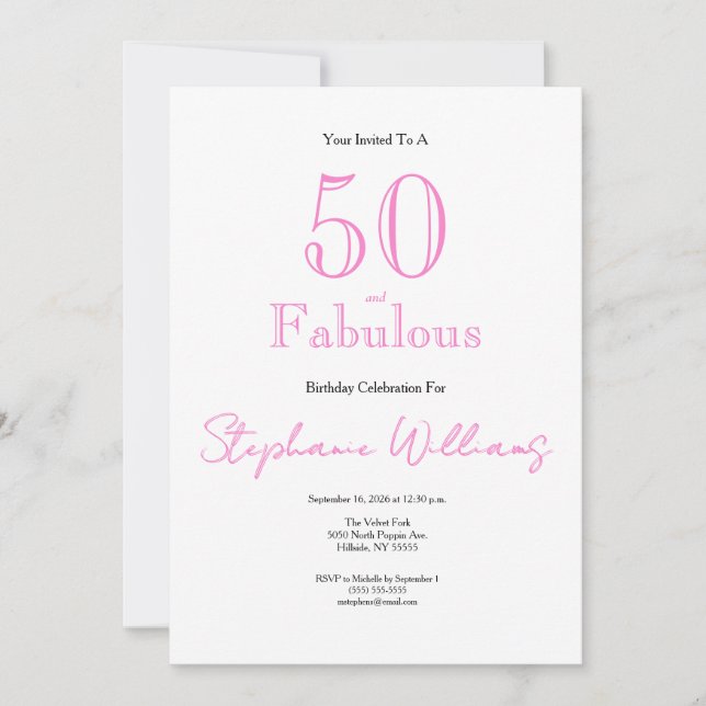 Convites Minimal 50 and Fabulous Pink 50th Birthday (Frente)