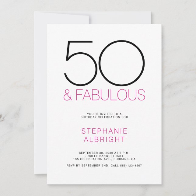 Convites Minimal 50 and Fabulous Pink 50th Birthday Party (Frente)