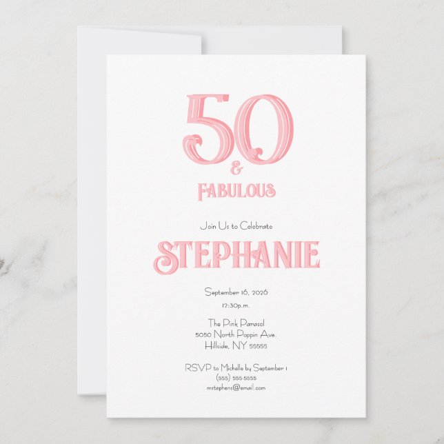 Convites Minimal 50 and Fabulous Pink 50th Birthday Party (Frente)