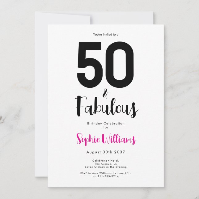 Convites Minimal 50 and Fabulous Pink 50th Birthday Party (Frente)
