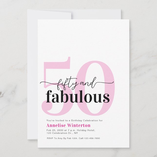 Convites Minimal 50 and Fabulous Pink 50th Birthday Party (Frente)