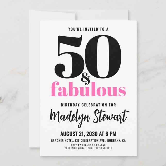 Convites Minimal 50 and Fabulous Pink 50th Birthday Party (Frente)