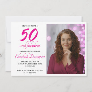 Convites Minimal 50 and Fabulous Pink Photo Birthday