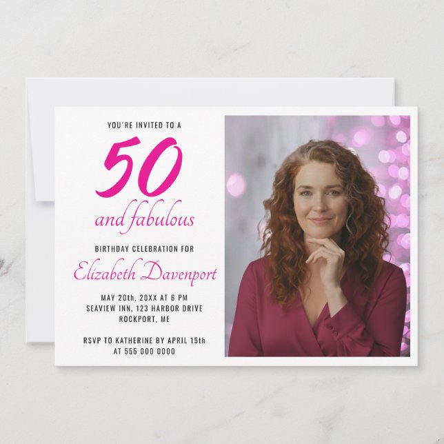 Convites Minimal 50 and Fabulous Pink Photo Birthday (Frente)