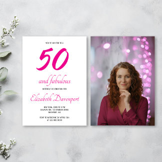 Convites Minimal 50 and Fabulous Pink Photo Birthday