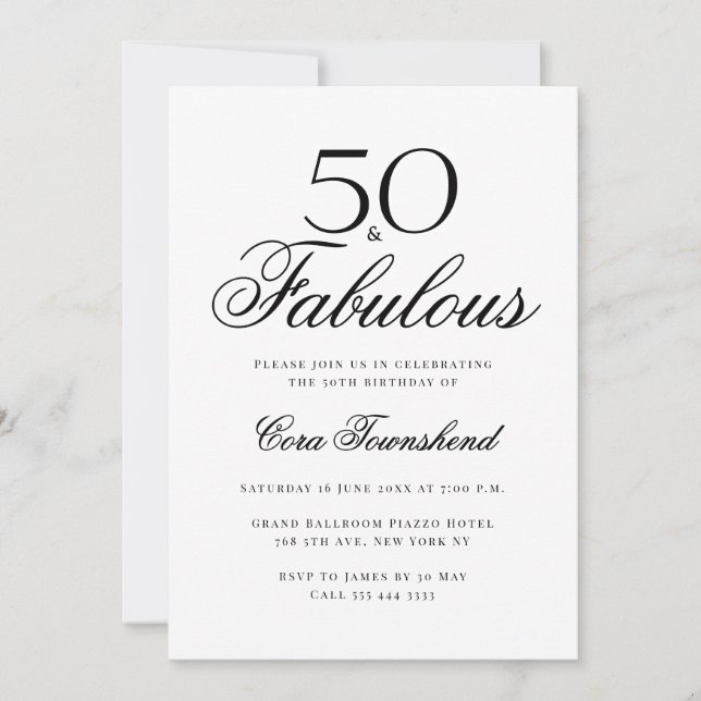 Convites Minimal 50 & Fabulous Typography 50th Birthday (Frente)