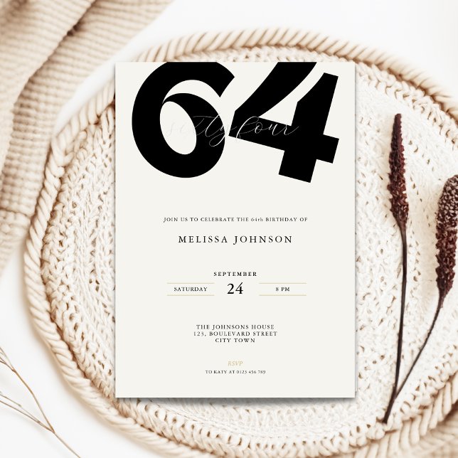 Convites Minimal 64th Birthday Invitation - Bold Typo (Minimal 64th birthday invitation with bold typography for man and woman in black and white)