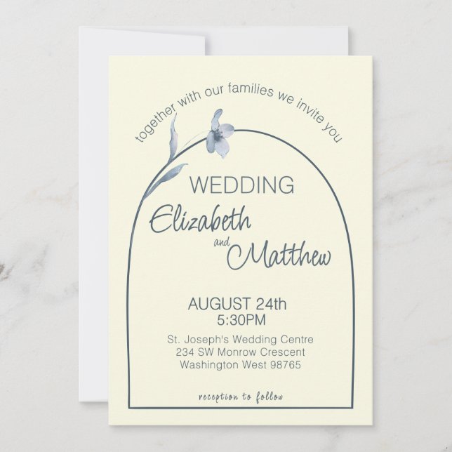 Convites Minimal Arched Pale Blue Floral Cream Wedding (Frente)