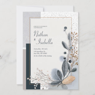 Convites Minimal Azul Cinza Dourado Botânico Glitter Casame