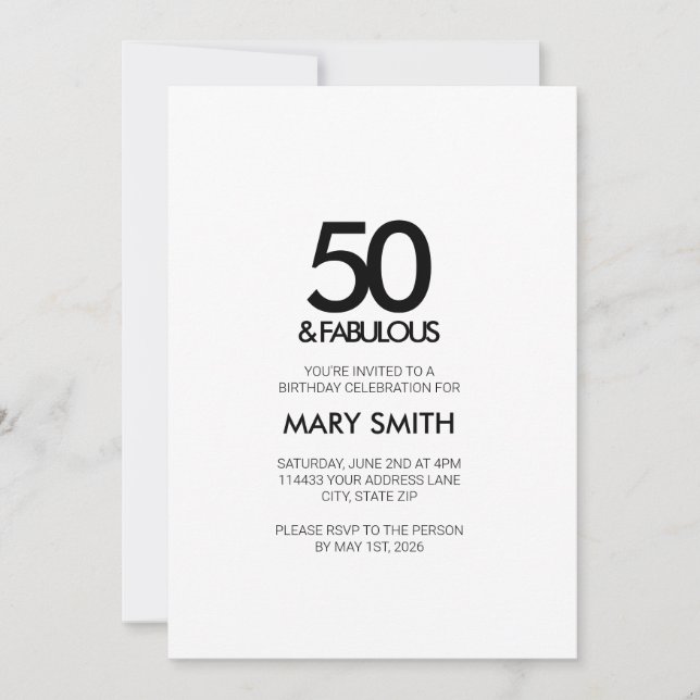 Convites Minimal Black Fifty and Fabulous 50th Birthday (Frente)