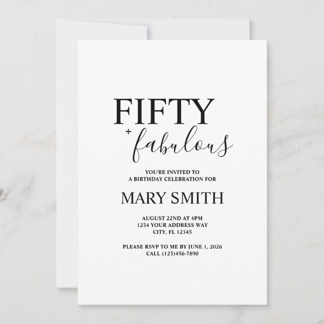 Convites Minimal Black Fifty and Fabulous 50th Birthday (Frente)