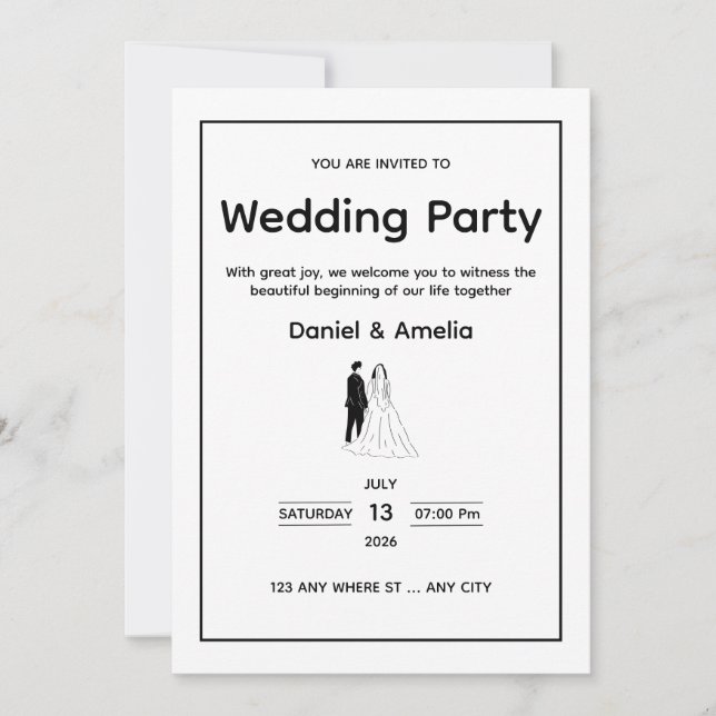 Convites Minimal Black & White Wedding Invitation (Frente)