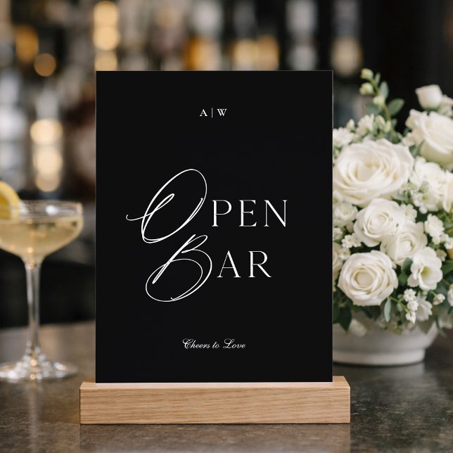 Convites Minimal Black & White Wedding Open Bar Sign (Criador carregado)