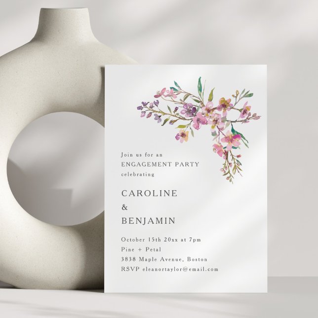 Convites Minimal Boho Pink Wildflowers Engagement Party (Criador carregado)