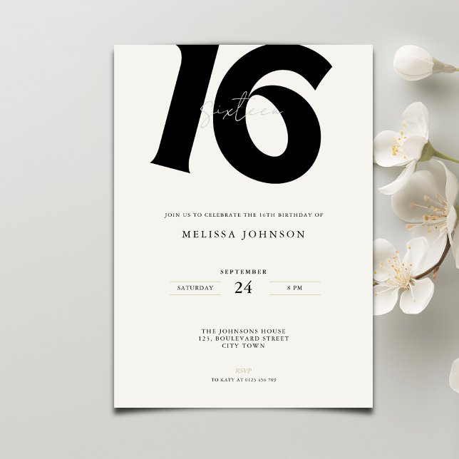 Convites Minimal Bold Typography sweet 16th Birthday  (Criador carregado)