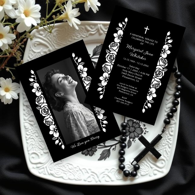 Convites Minimal Botanic Back & White Garland Photo Funeral (Delicate Minimalist Floral Back & White Floral Garlands Funeral Invitation Cards with Back Photo. )
