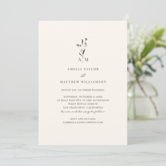 Convites Minimal Botanical Script Modern Elegant Wedding (Em pé/Frente)