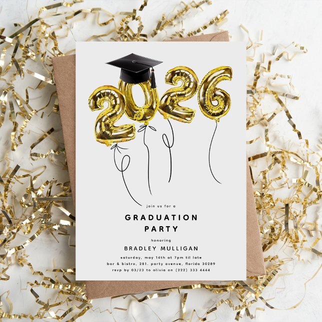 Convites Minimal Class of '2026' Gold Balloons Graduation (Criador carregado)