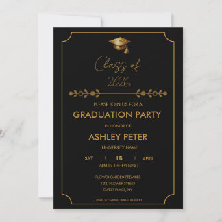 Convites Minimal Classy Black & Gold Grad Party Invitation