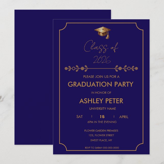 Convites Minimal Classy Blue Grad Party Invitation (Frente/Verso)