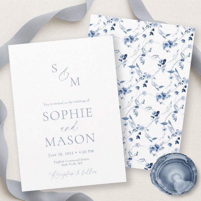 Convites Minimal Dusty Blue Monogram Wedding Invitation (Criador carregado)