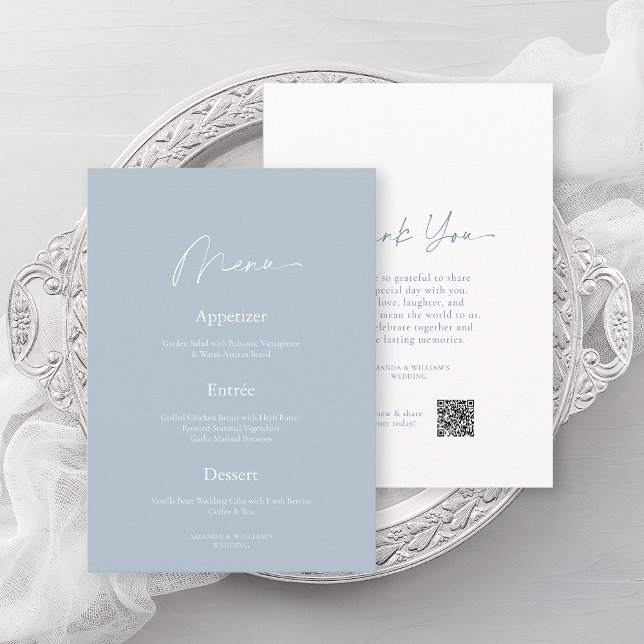 Convites Minimal Dusty Blue Wedding Menu & Thank You Card (Criador carregado)