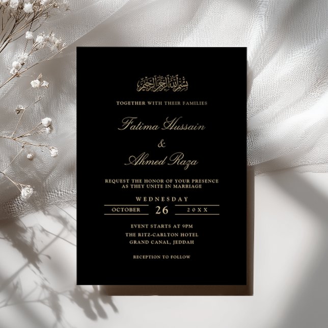Convites Minimal Elegant Gold Script Black Muslim Wedding (Criador carregado)