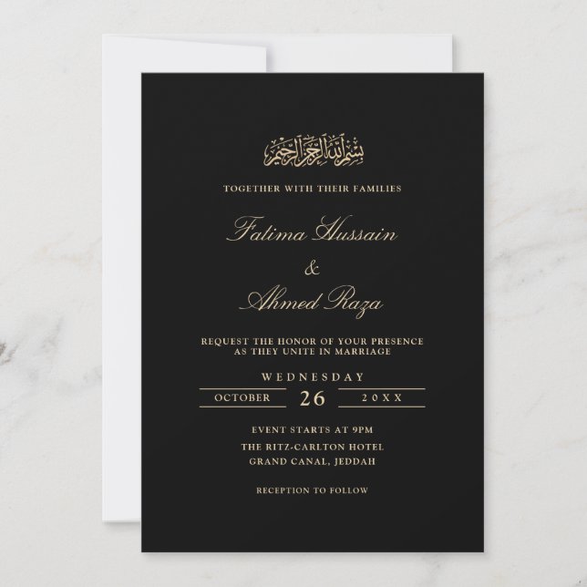 Convites Minimal Elegant Gold Script Black Muslim Wedding (Frente)