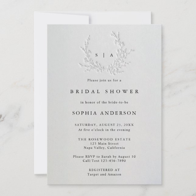 Convites Minimal Faux Blind Deboss Cotton Bridal Shower (Frente)