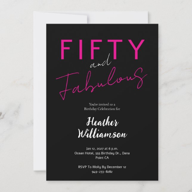 Convites Minimal Fifty and Fabulous Pink 50th Birthday  (Frente)