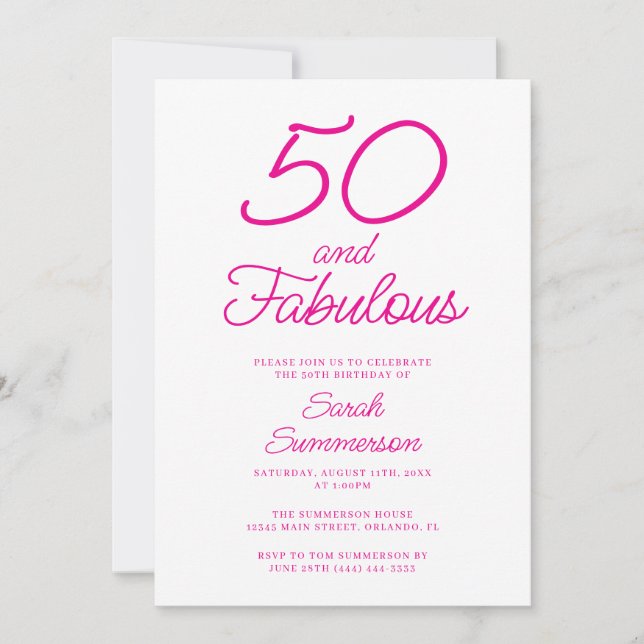 Convites Minimal Fifty Fabulous Pink 50th Birthday Party (Frente)