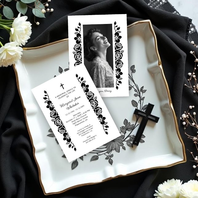 Convites Minimal Floral Back & White Garland Photo Funeral (Exquisite Minimalist Floral Back & White Floral Garlands Funeral Invitation Cards with Back Photo.)