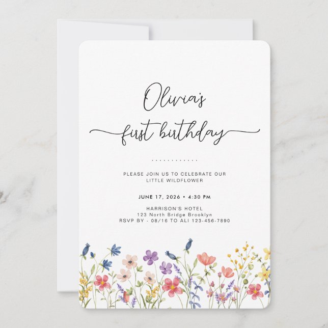 Convites Minimal Floral First Birthday Invitation (Frente)