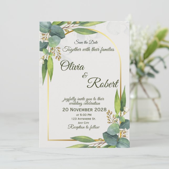 Convites Minimal Greenery Wedding Invitation Gold Arch (Em pé/Frente)