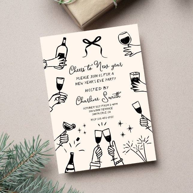 Convites Minimal Hand Drawn “Cheers to New Year” Party  (Criador carregado)