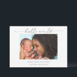 Convites Minimal Hello World Baby Photo Announcement Card<br><div class="desc">Announce the arrival of your precious baby with this minimal hello world baby photo announcement card. The design features an elegant calligraphy script that reads "hello world, clean white space to showcase your baby's first portrait and to their full name, birthdate and place. Whether you’re welcoming a baby girl or...</div>