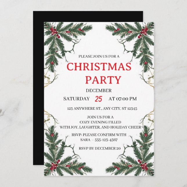 Convites Minimal Holiday Greenery Party Invitation (Frente/Verso)