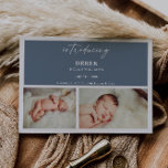 Convites Minimal Introducing Photo Baby Announcement Card<br><div class="desc">Welcome your bundle of joy into the world with this minimal introducing photo baby announcement card. The design features an elegant calligraphy script, which reads "Introducing", a slate blue rectangle to add your baby's name, birthdate, any other details pertinent to the announcement. Whether you’re welcoming a baby girl or baby...</div>