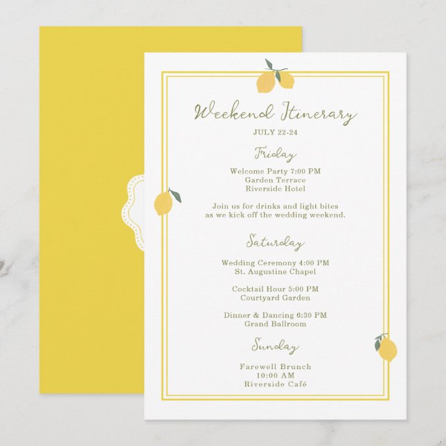 Convites Minimal Lemon Amalfi Coast Wedding Itinerary Card (Frente/Verso)