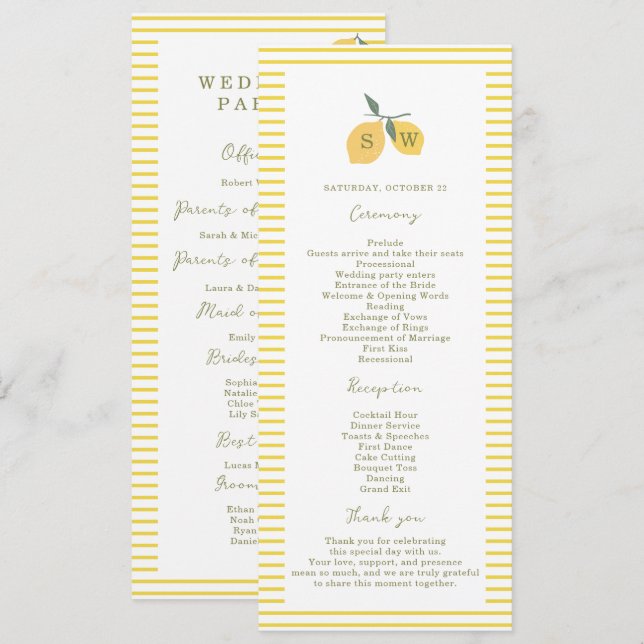 Convites Minimal Lemon Amalfi Coast Wedding Program Card (Frente/Verso)