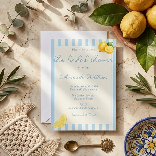 Convites Minimal Light Blue Stripes Lemons bridal Shower (Criador carregado)