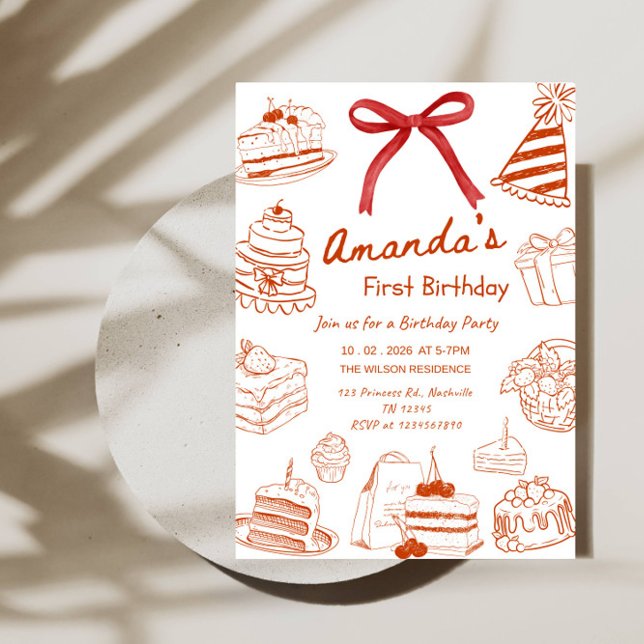Convites Minimal Line Art Birthday Cake Baby’s 1st Birthday (Criador carregado)