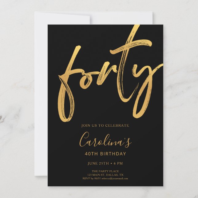 Convites Minimal Modern Black & Gold 40th Birthday (Frente)