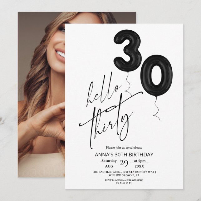 Convites Minimal Modern Black White 30th Birthday (Frente/Verso)